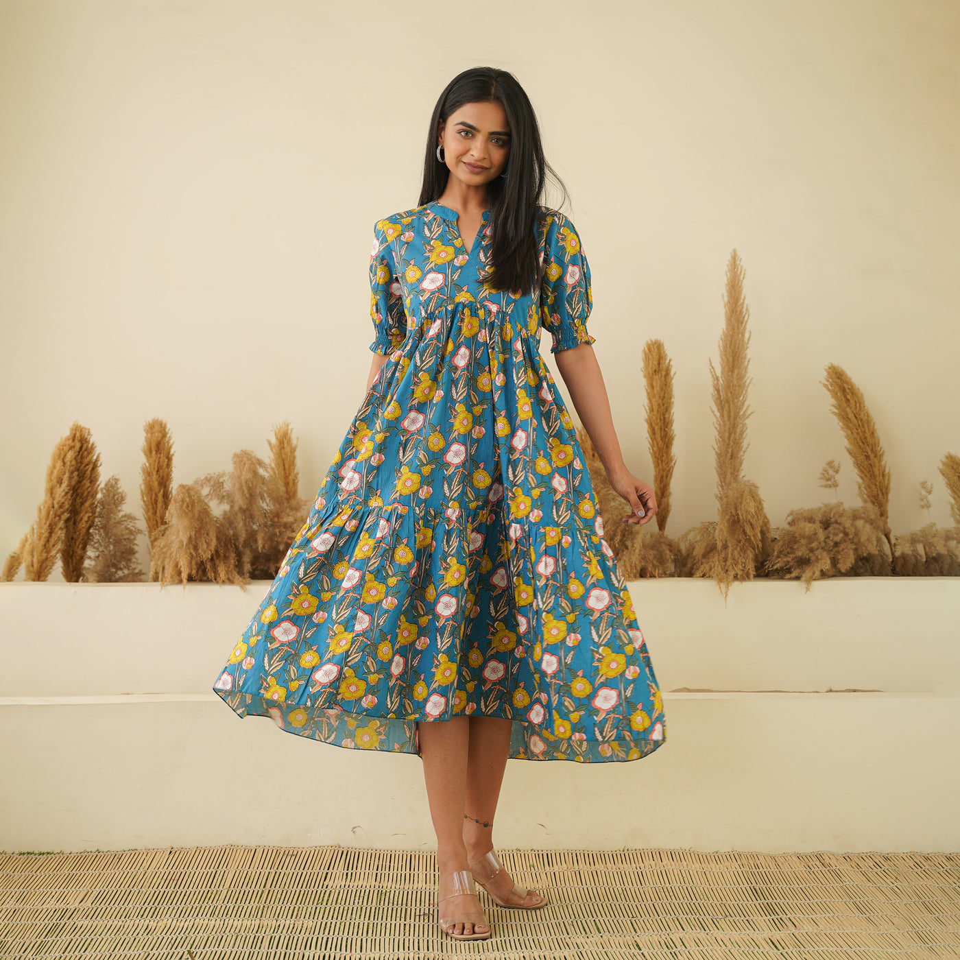 Garden on Blue Tiered Cotton Midi Dress with Pockets