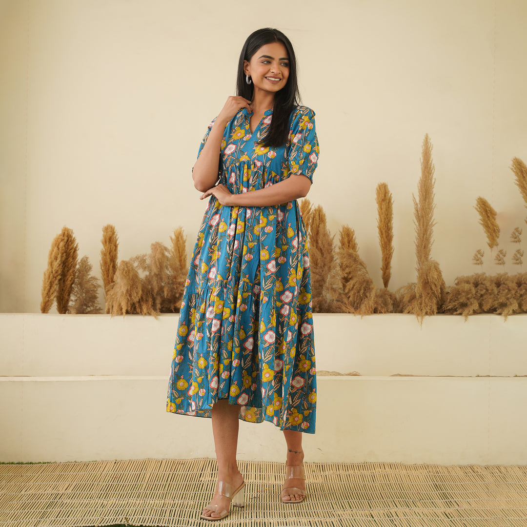 Garden on Blue Tiered Cotton Midi Dress with Pockets