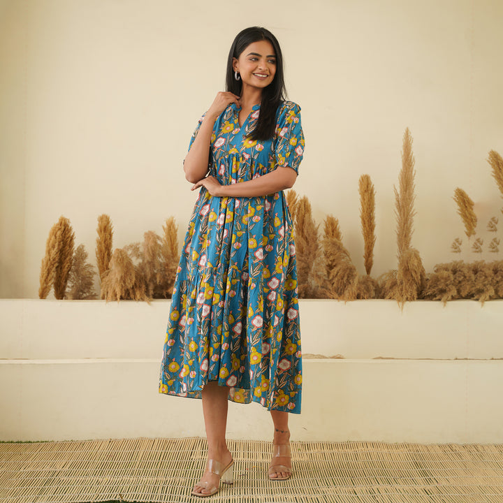 Garden on Blue Tiered Cotton Midi Dress with Pockets