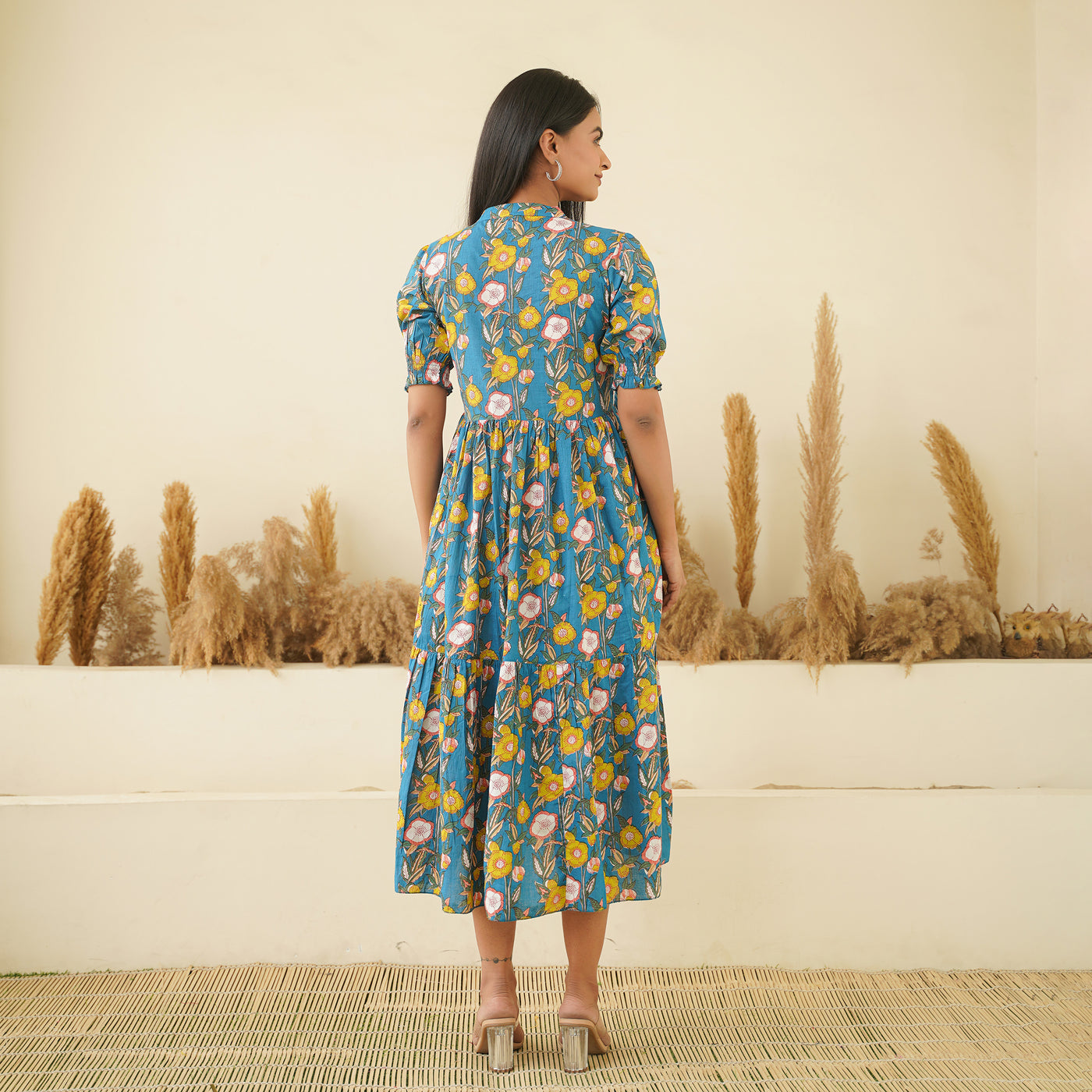 Garden on Blue Tiered Cotton Midi Dress with Pockets