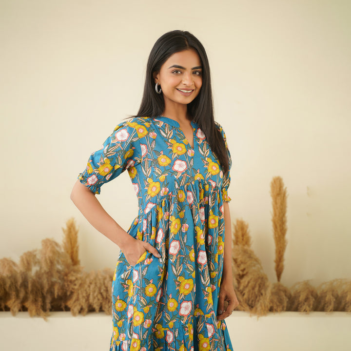 Garden on Blue Tiered Cotton Midi Dress with Pockets