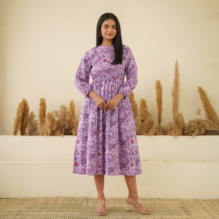 'Lavender Meadow' Cotton Midi Dress with Pockets