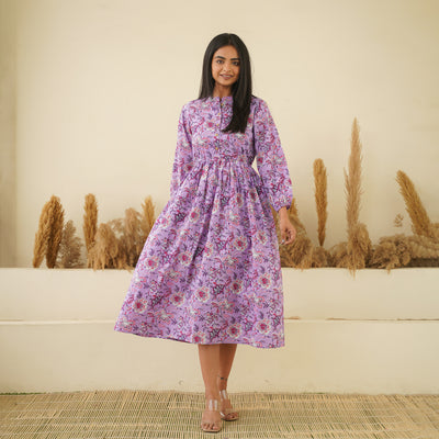 'Lavender Meadow' Cotton Midi Dress with Pockets