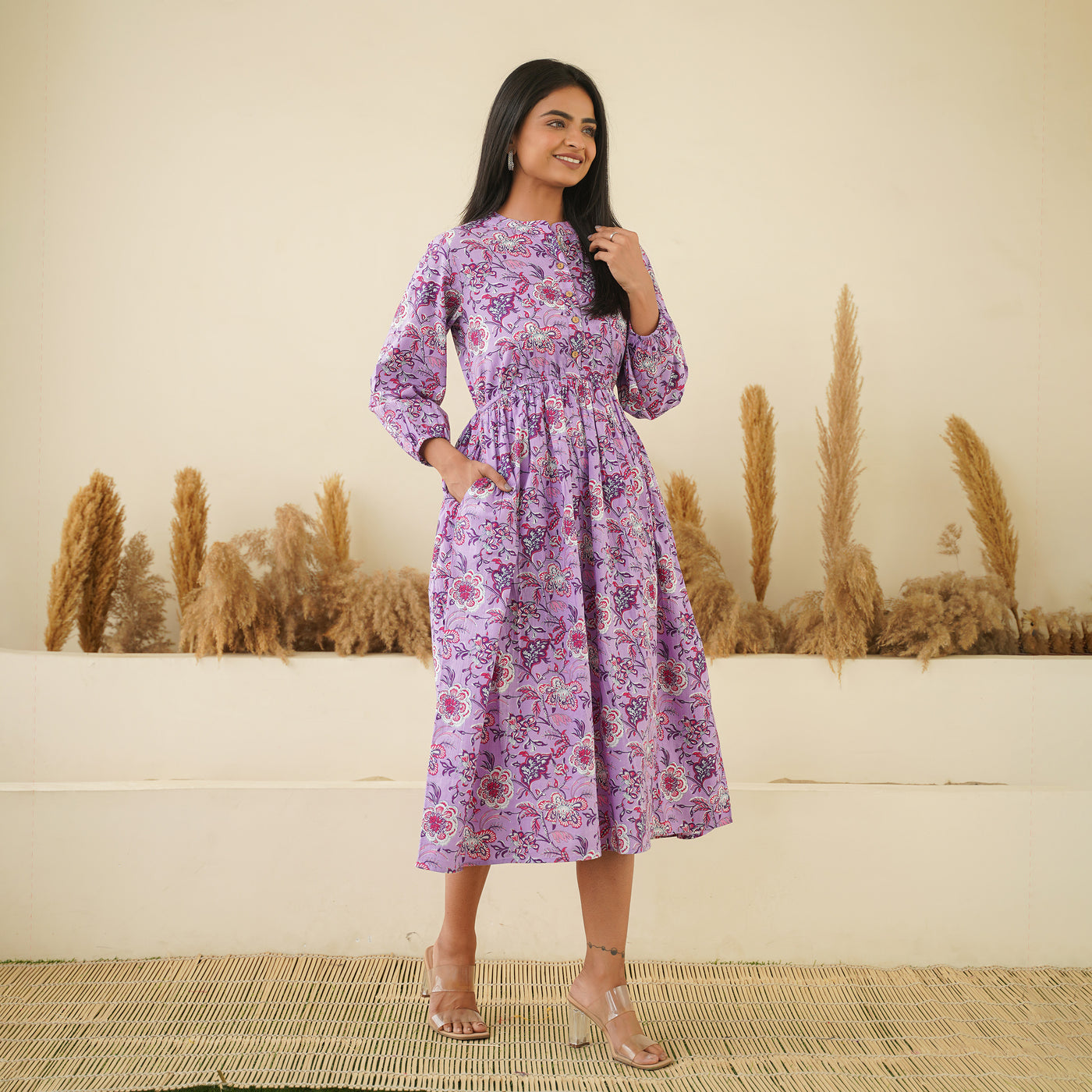 'Lavender Meadow' Cotton Midi Dress with Pockets