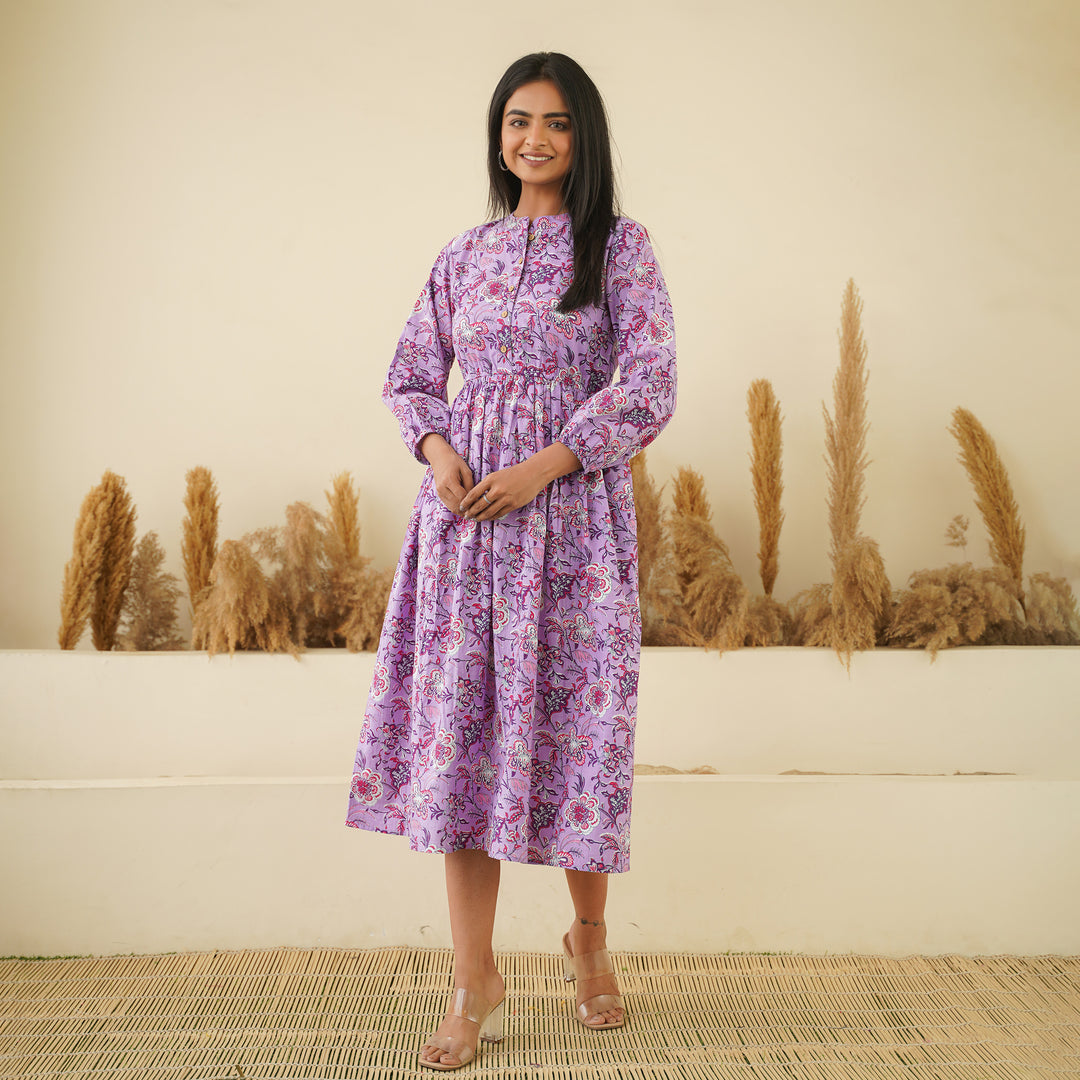 'Lavender Meadow' Cotton Midi Dress with Pockets