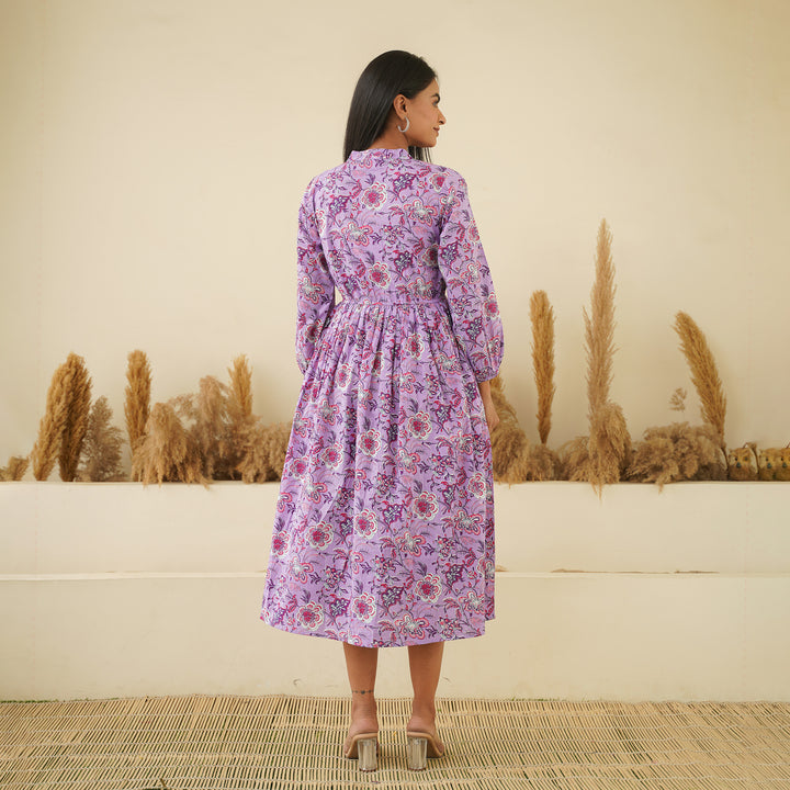 'Lavender Meadow' Cotton Midi Dress with Pockets
