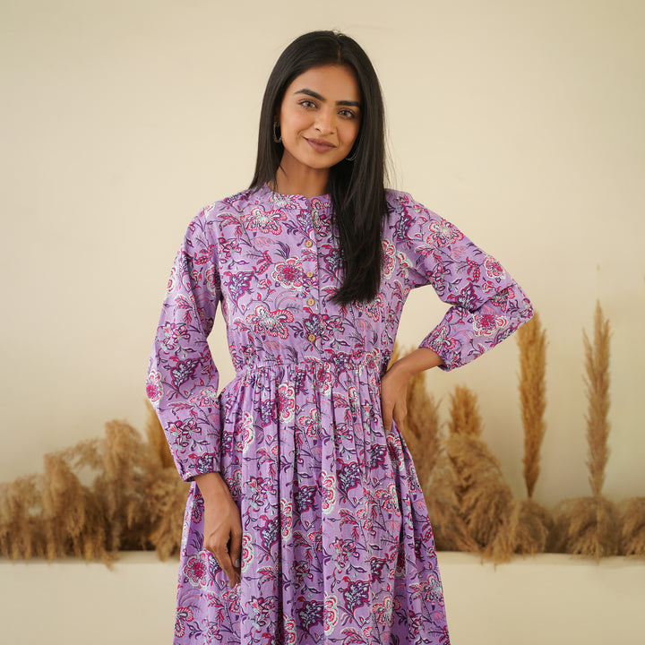 'Lavender Meadow' Cotton Midi Dress with Pockets