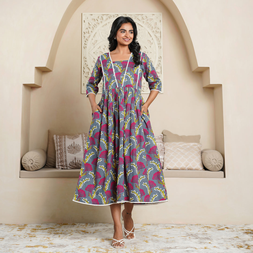 cotton midi dress online india Shop Elegant Pink Printed Cotton Midi Dress After Six Wear in India