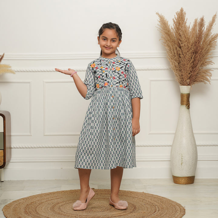 Embroidered Button Down White Booti Girl's Cotton Dress