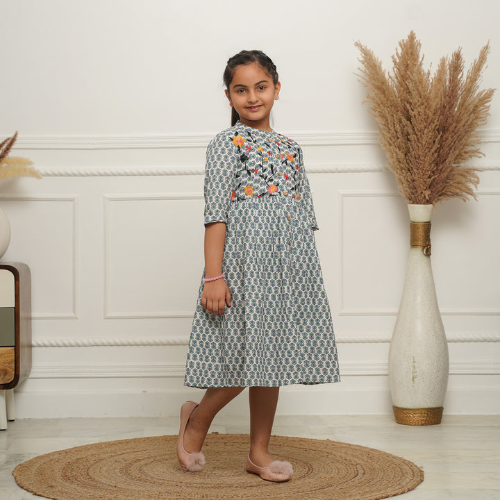 Embroidered Button Down White Booti Girl's Cotton Dress