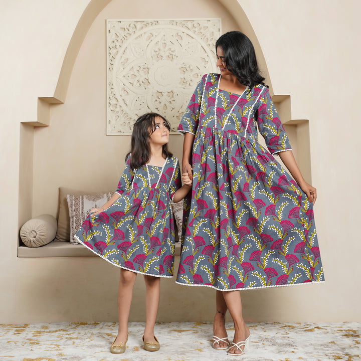 'Vine on Grey' Mom and Daughter Cotton Dresses