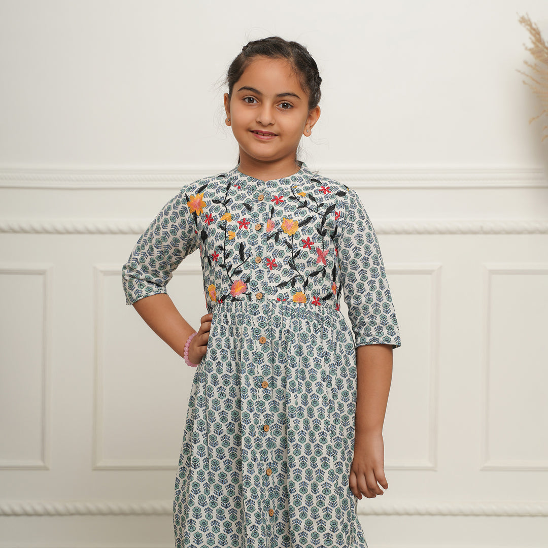 Embroidered Button Down White Booti Girl's Cotton Dress