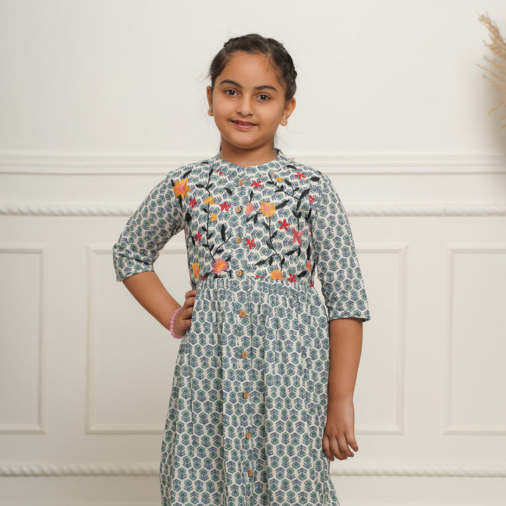 Embroidered Button Down White Booti Girl's Cotton Dress