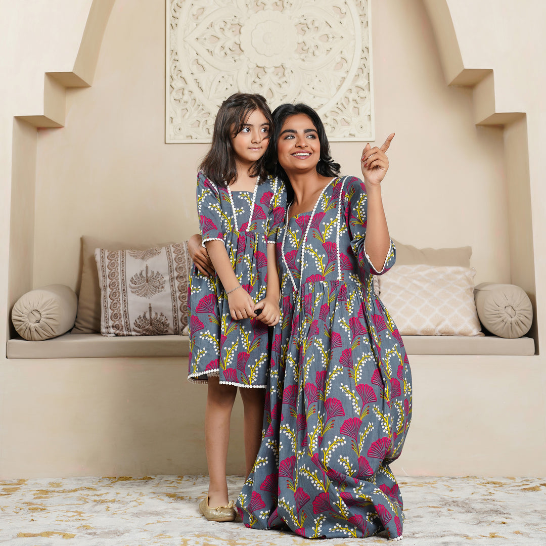 'Vine on Grey' Mom and Daughter Cotton Dresses