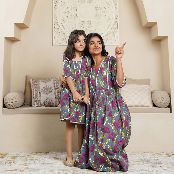 'Vine on Grey' Mom and Daughter Cotton Dresses