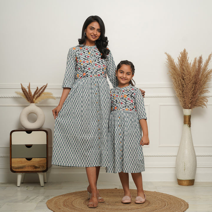 Embroidered Button Down White Booti Mom and Daughter Dresses