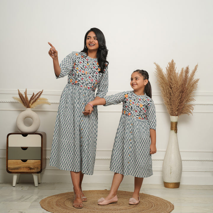 Embroidered Button Down White Booti Mom and Daughter Dresses