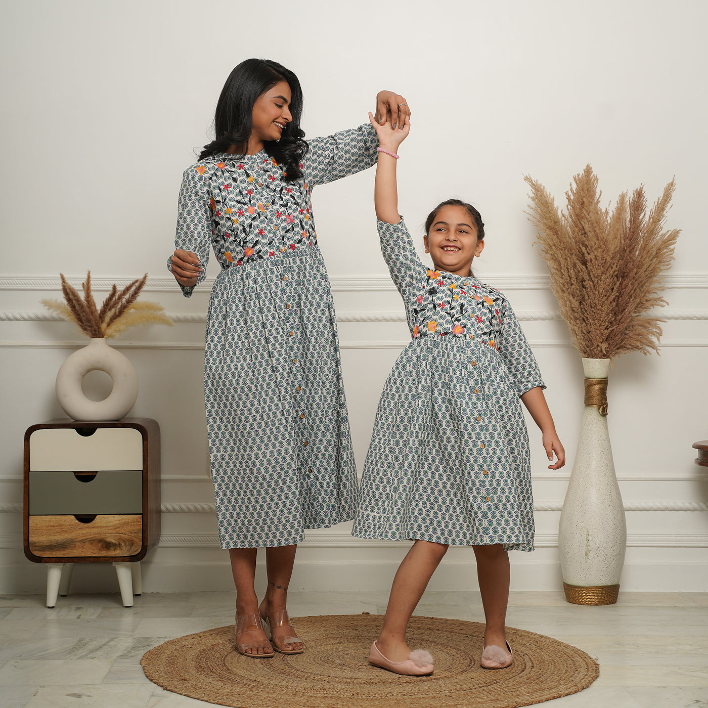 Embroidered Button Down White Booti Mom and Daughter Dresses