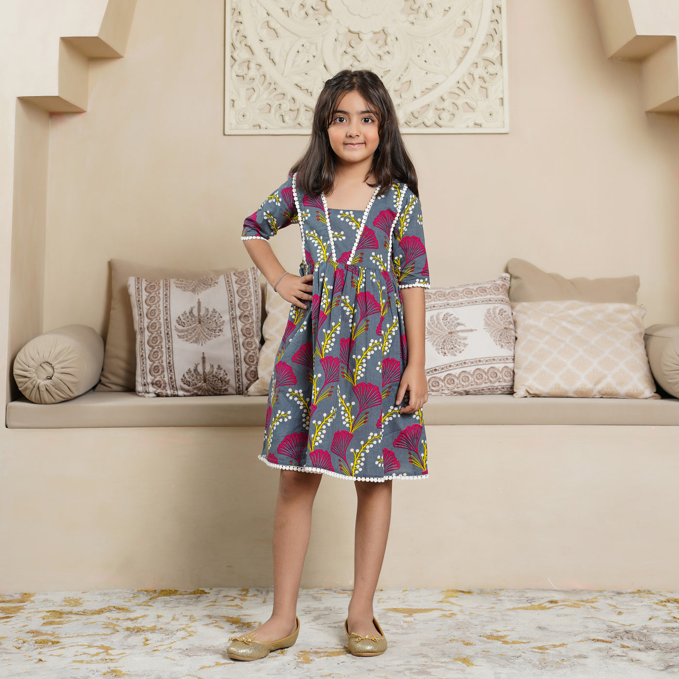 'Vine on Grey' Girl's Cotton Dress