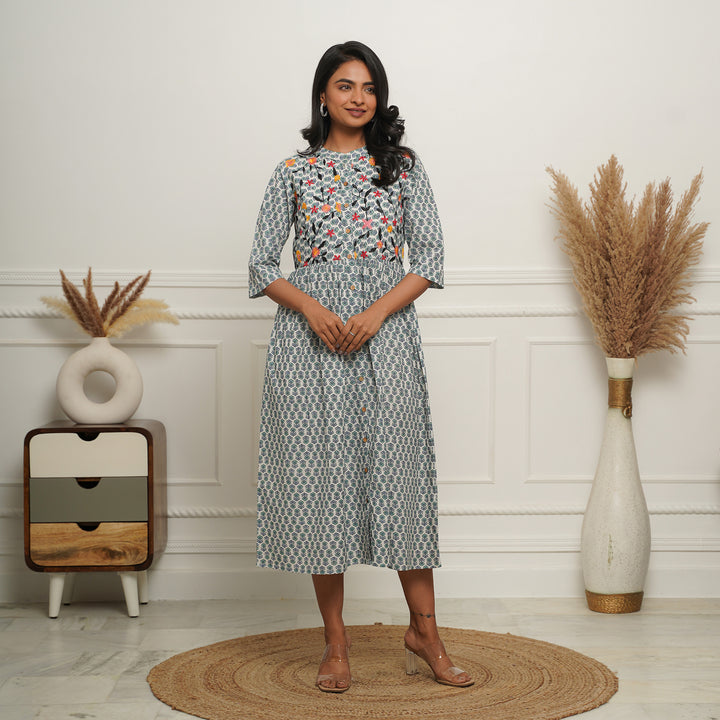 Embroidered Button Down White Booti Mom and Daughter Dresses