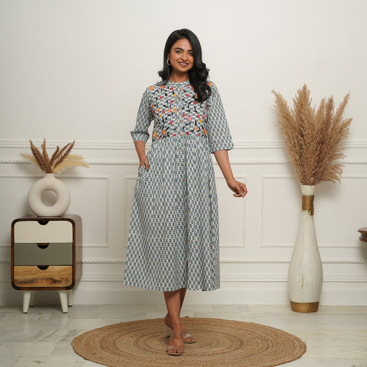 Embroidered Button Down White Booti Mom and Daughter Dresses