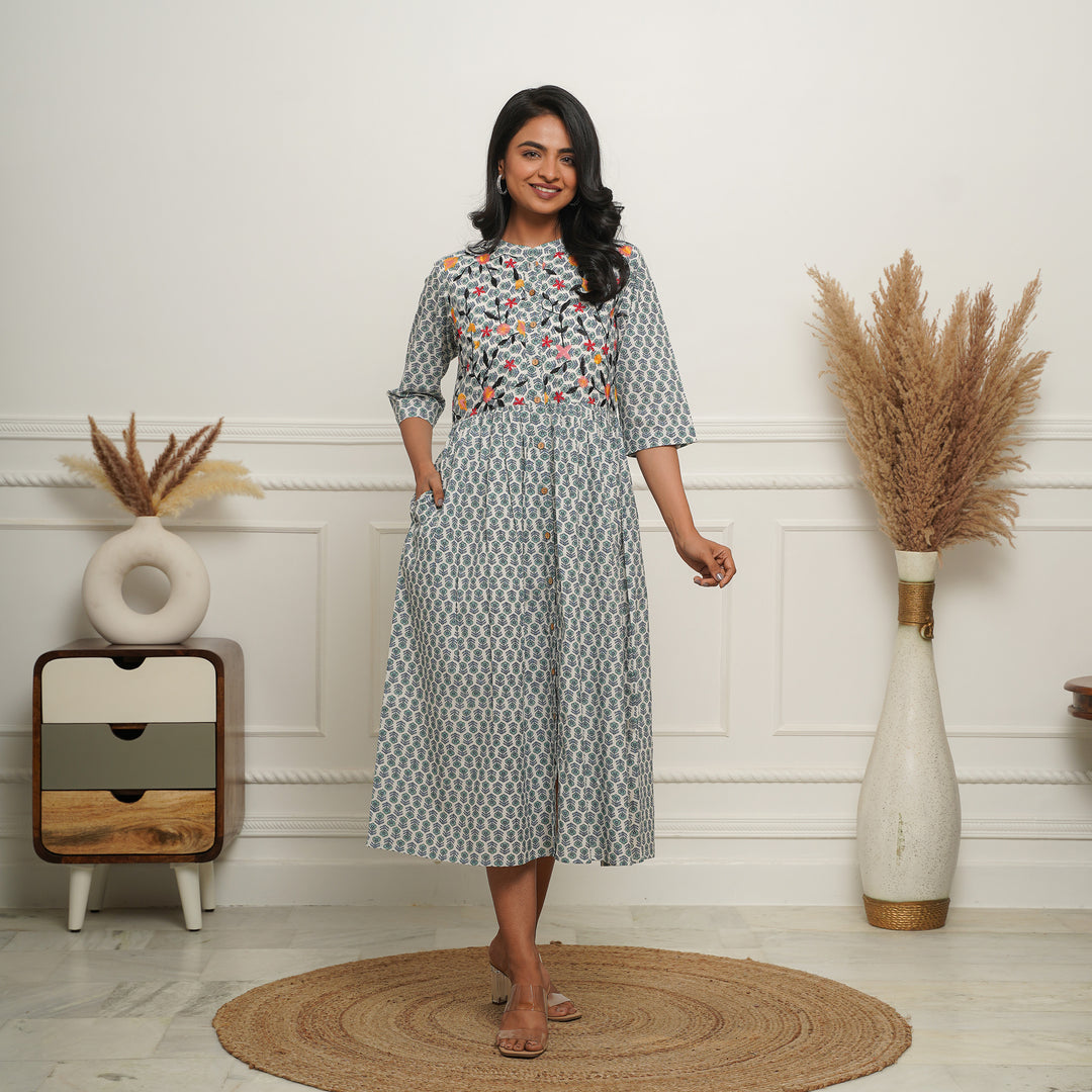 Embroidered Button Down White Booti Cotton Midi Dress with Pockets