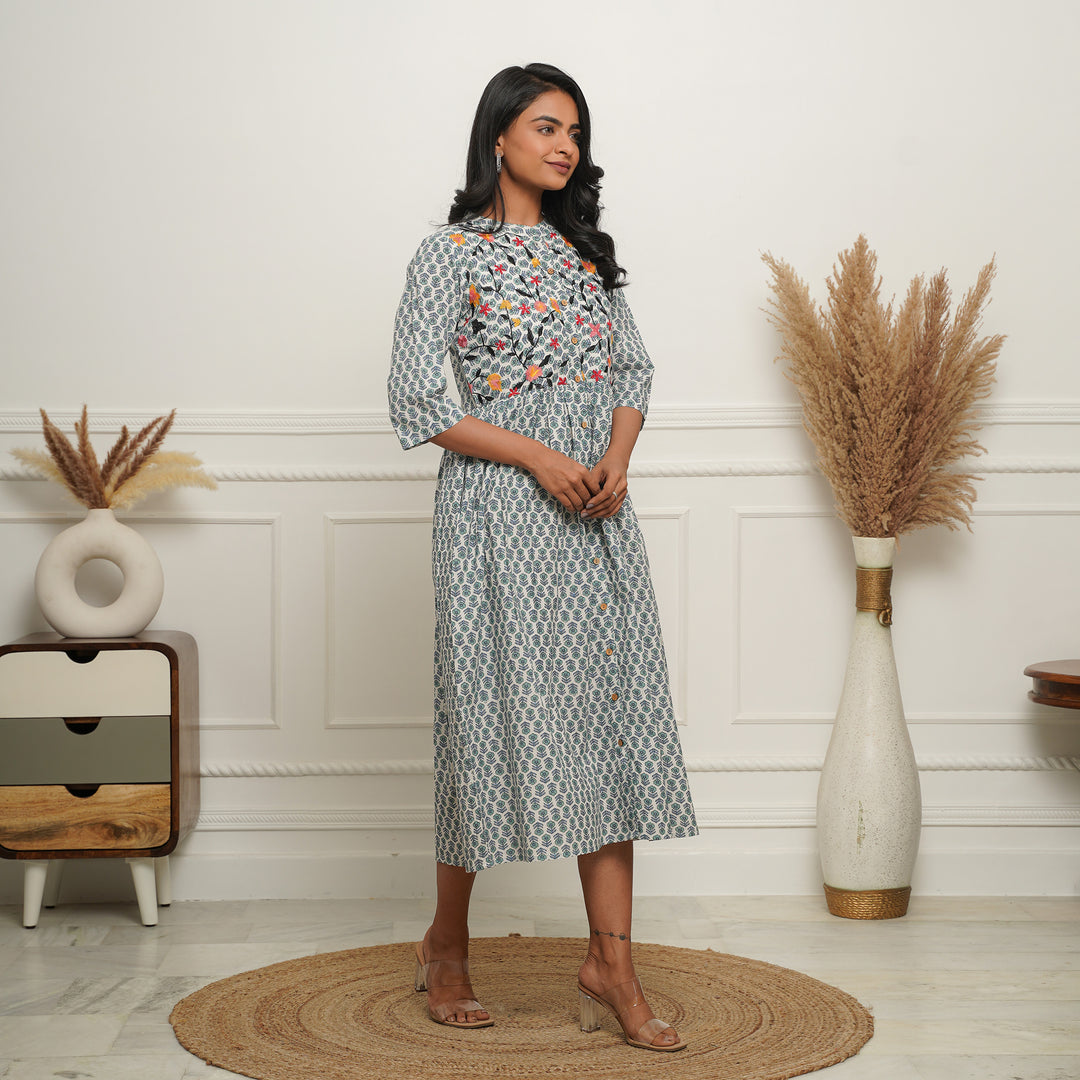 Embroidered Button Down White Booti Cotton Midi Dress with Pockets