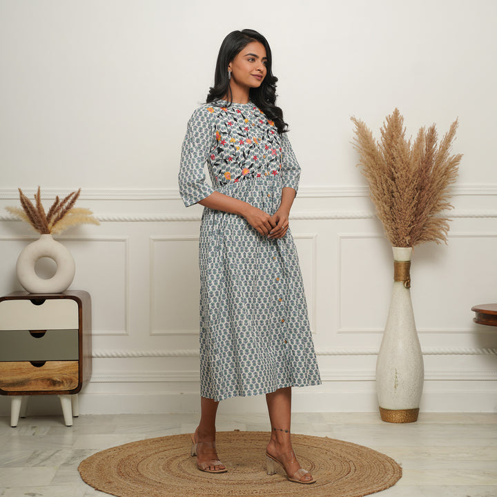 Embroidered Button Down White Booti Cotton Midi Dress with Pockets