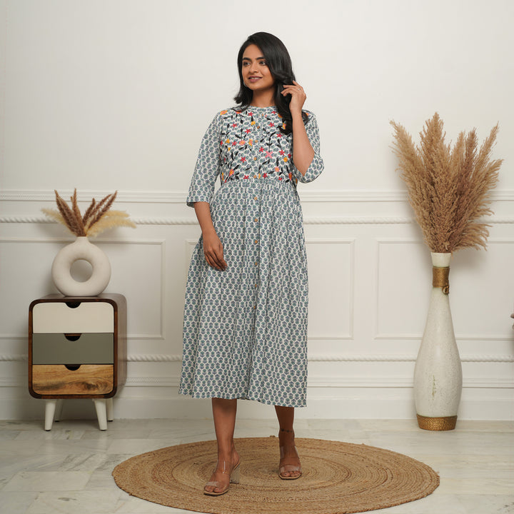 Embroidered Button Down White Booti Mom and Daughter Dresses