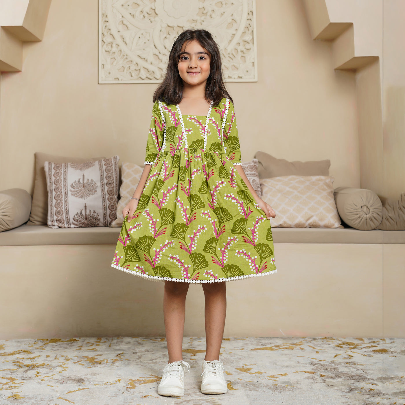 'Vine on Green' Girl's Cotton Dress