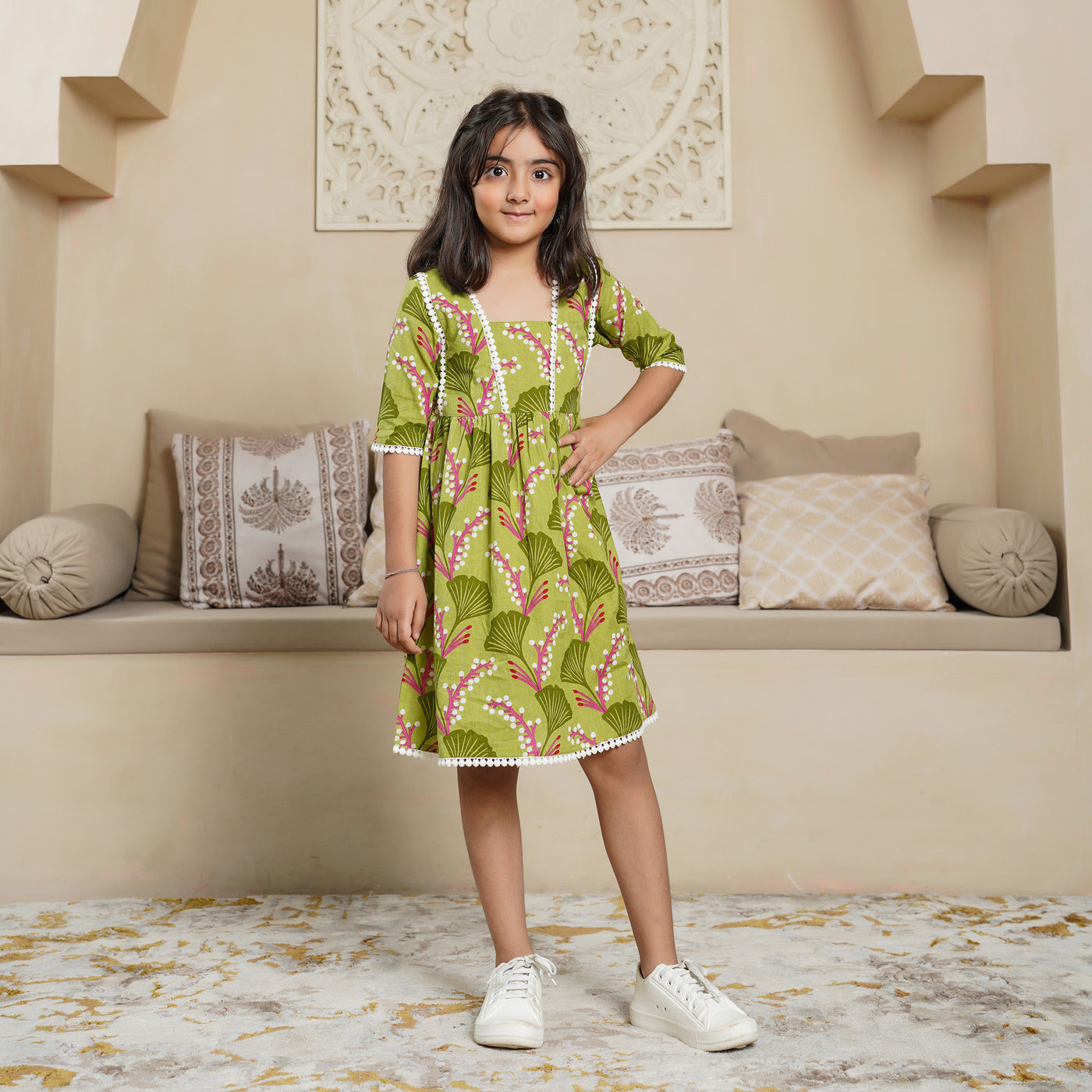 'Vine on Green' Girl's Cotton Dress