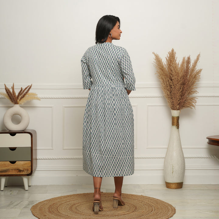 Embroidered Button Down White Booti Cotton Midi Dress with Pockets