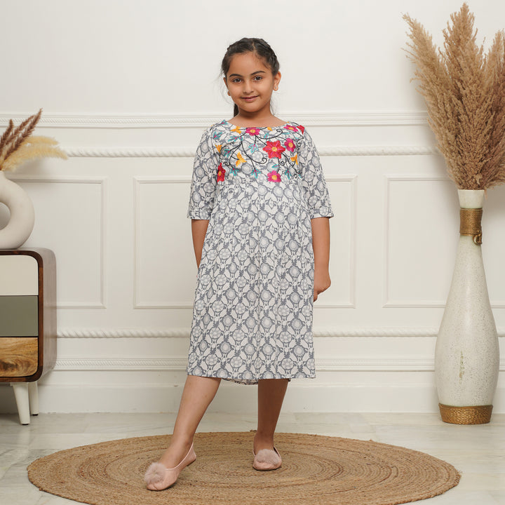 Grey Petals Embroidered Girl's Cotton Dress