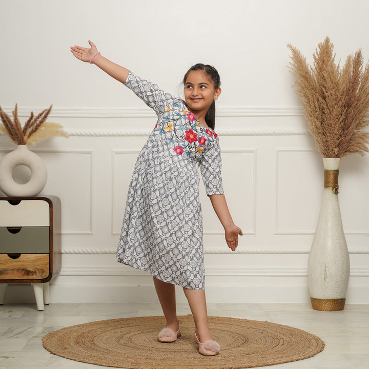 Grey Petals Embroidered Girl's Cotton Dress