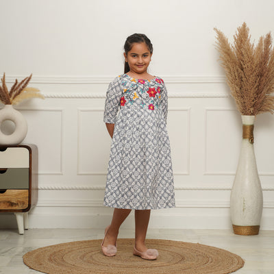 Grey Petals Embroidered Girl's Cotton Dress