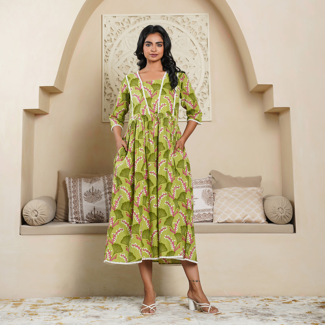 Vine on Green' Cotton Midi Dress with Pockets Fashiana Vine on Green' Cotton Midi Dress with Pockets Fashiana