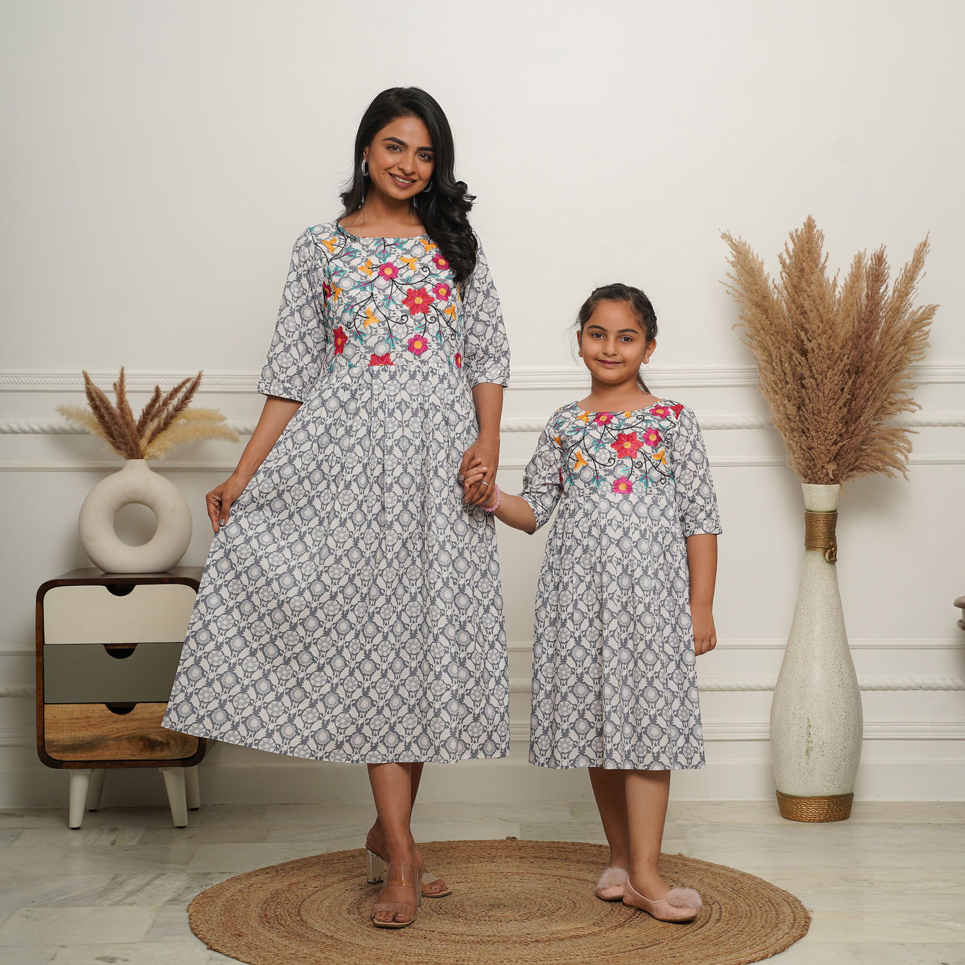 Grey Petals Embroidered Mom and Daughter Cotton Dresses