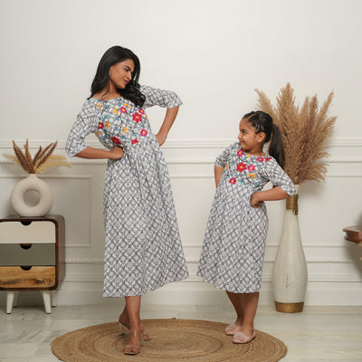 Grey Petals Embroidered Mom and Daughter Cotton Dresses