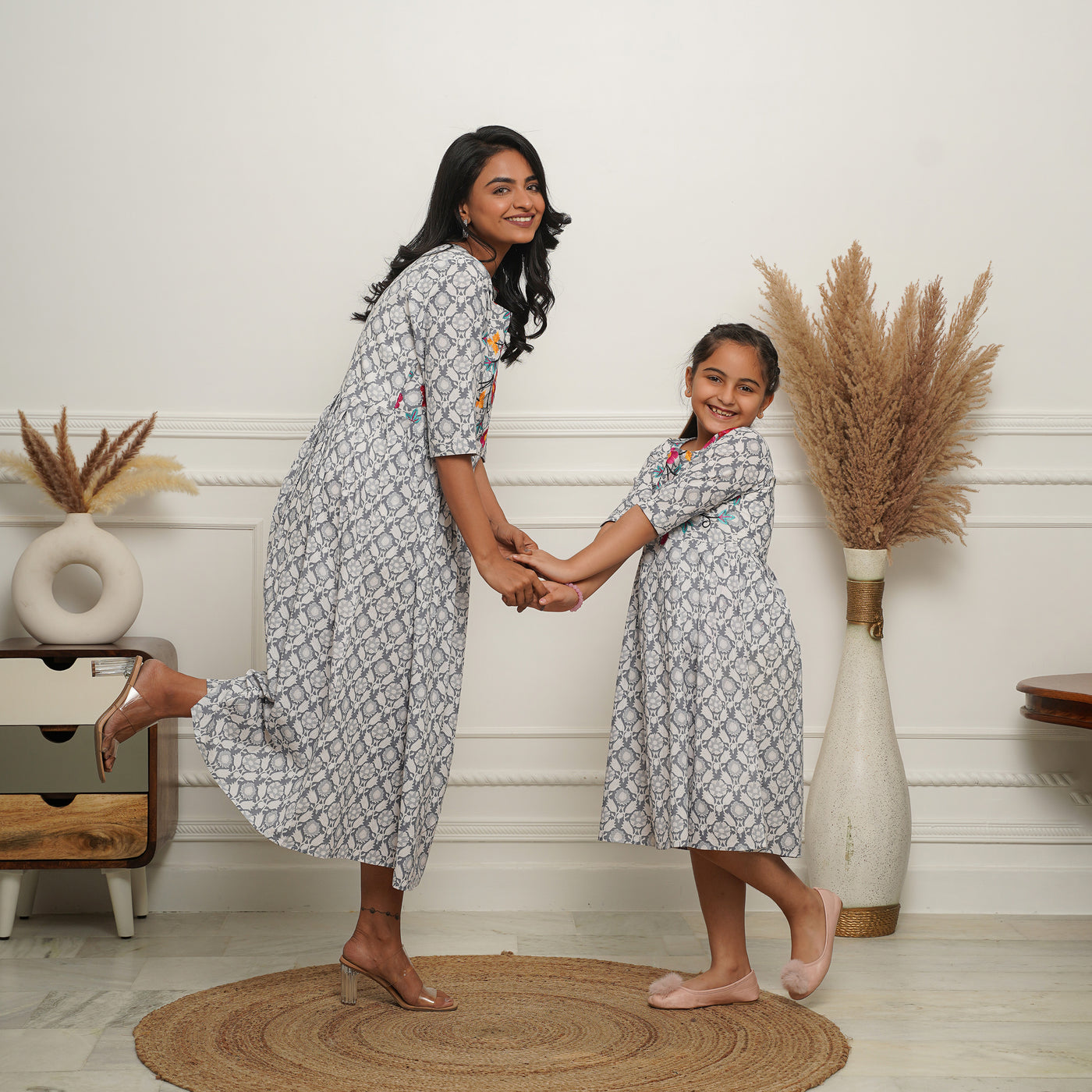 Grey Petals Embroidered Mom and Daughter Cotton Dresses