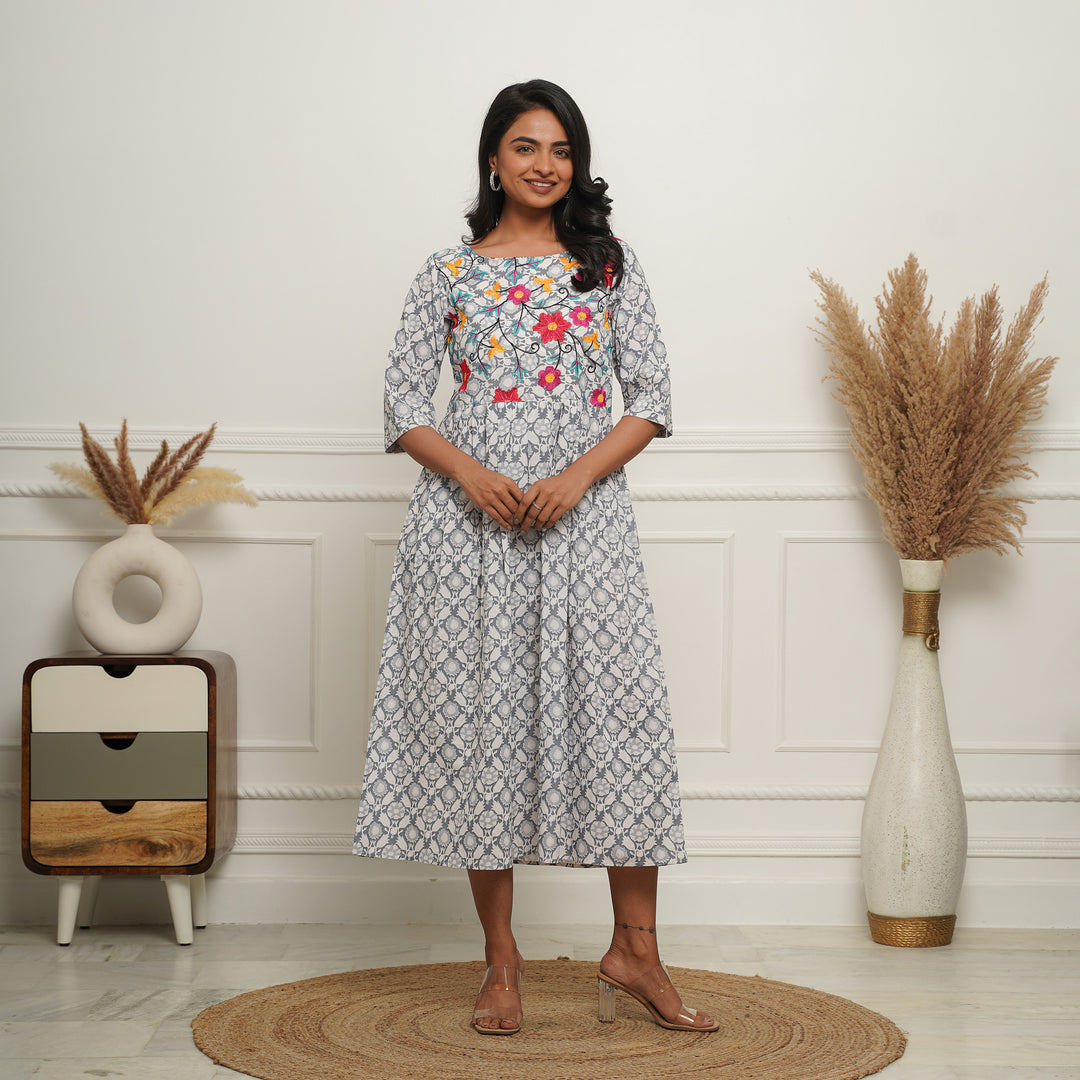 Grey Petals Embroidered Mom and Daughter Cotton Dresses