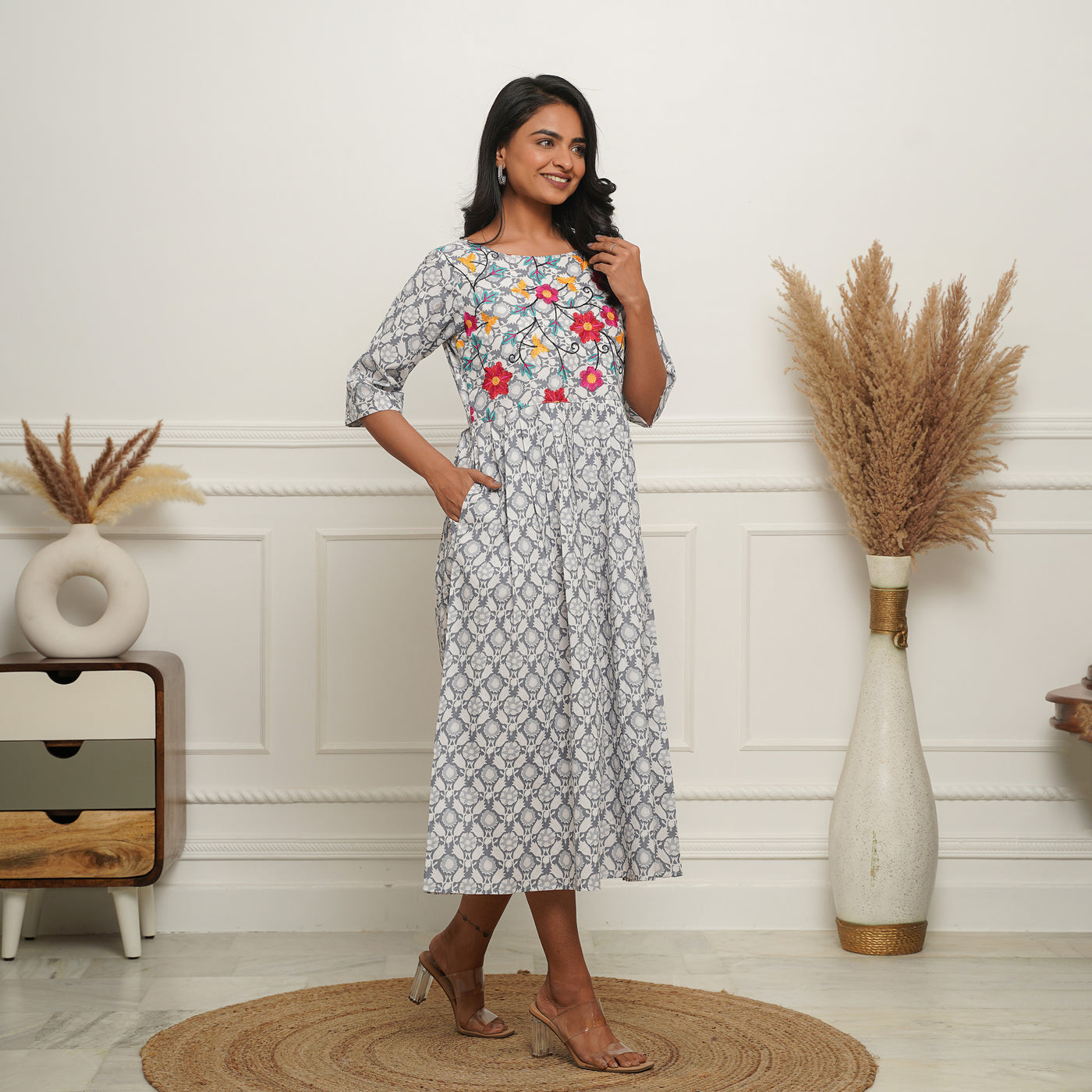 Grey Petals Embroidered Cotton Midi Dress with Pockets