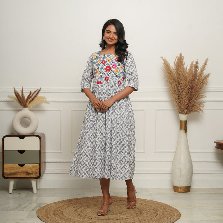 Grey Petals Embroidered Cotton Midi Dress with Pockets