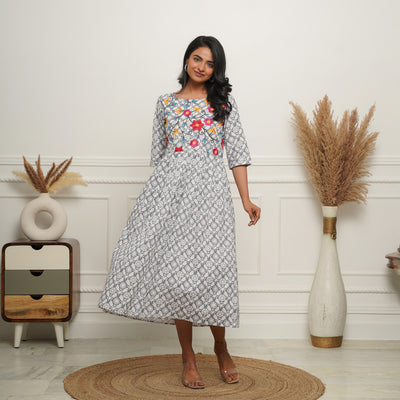 Grey Petals Embroidered Cotton Midi Dress with Pockets
