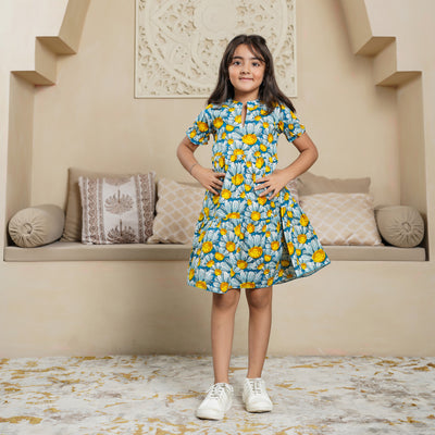 'Teal Daisy' Tiered Girl's Cotton Dress