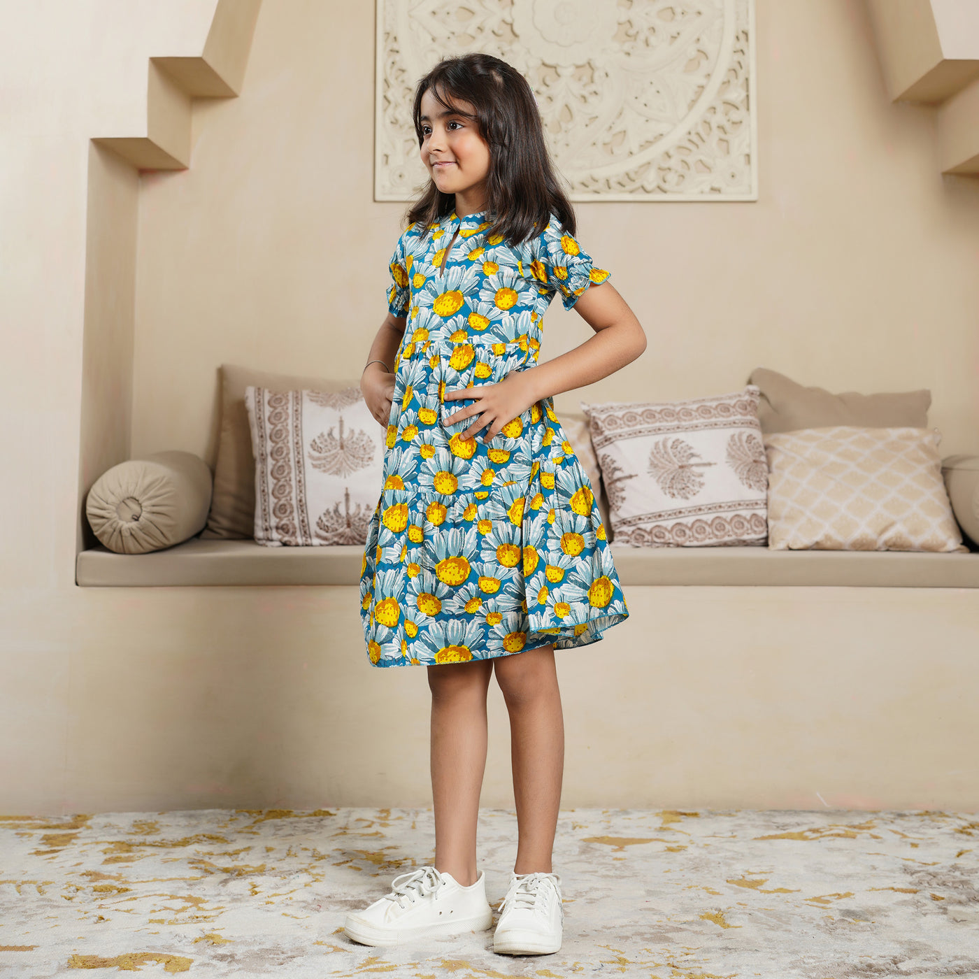 'Teal Daisy' Tiered Girl's Cotton Dress