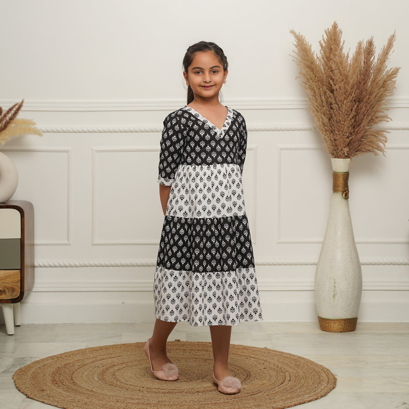 'Monochrome Fusion' Mom and Daughter Tiered Cotton Dresses