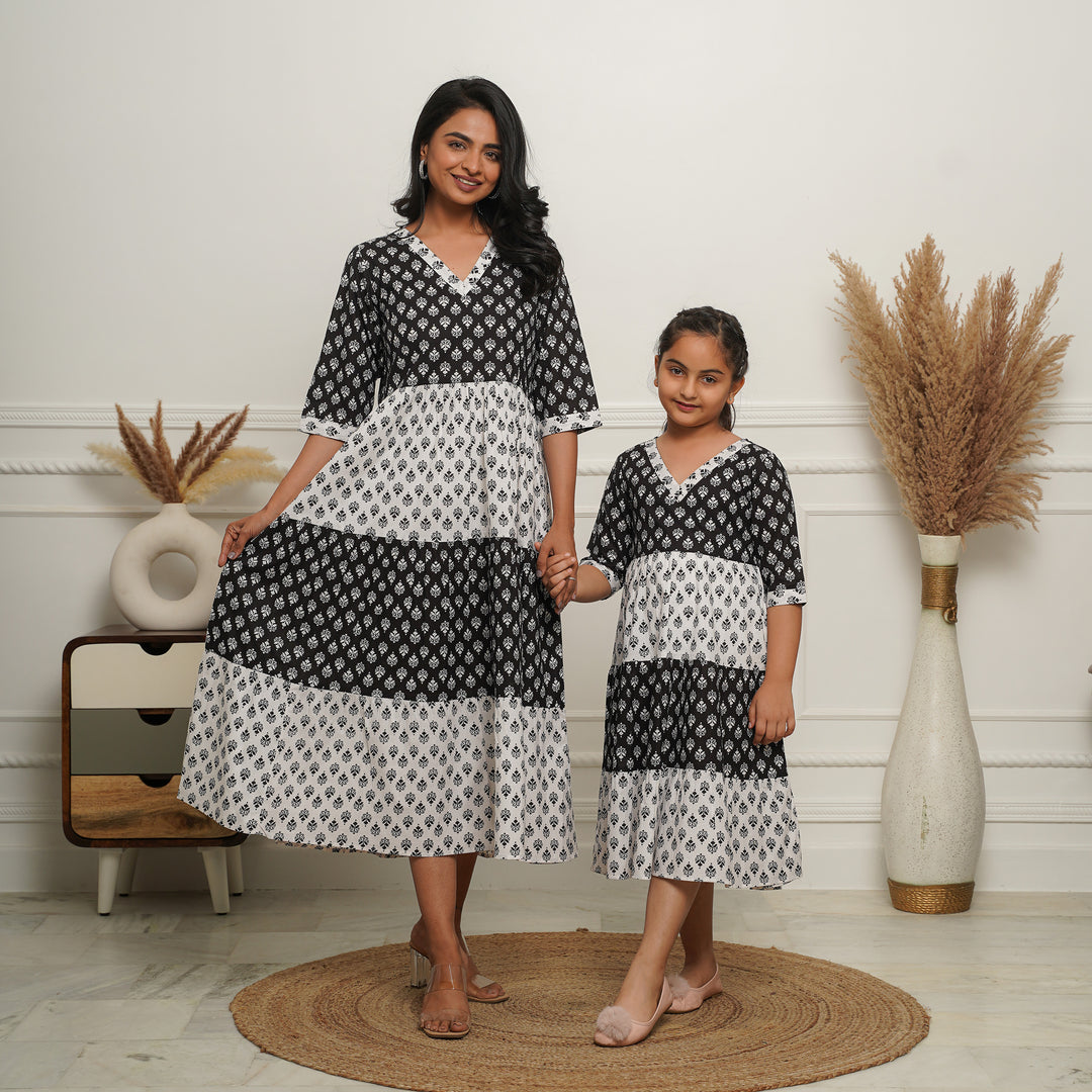 'Monochrome Fusion' Mom and Daughter Tiered Cotton Dresses