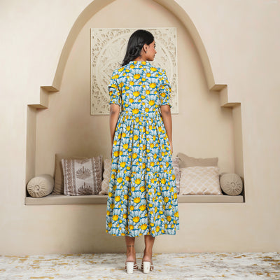 'Teal Daisy' Tiered Cotton Midi Dress with Pockets