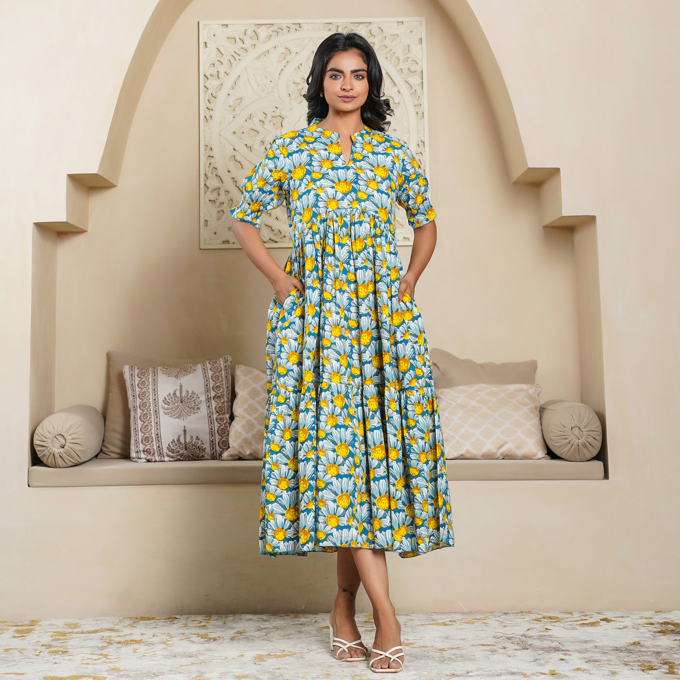 'Teal Daisy' Tiered Cotton Midi Dress with Pockets