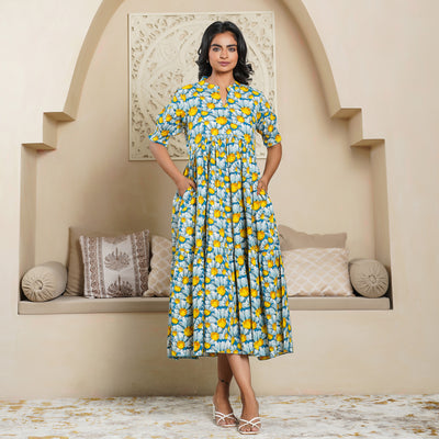 'Teal Daisy' Tiered Cotton Midi Dress with Pockets